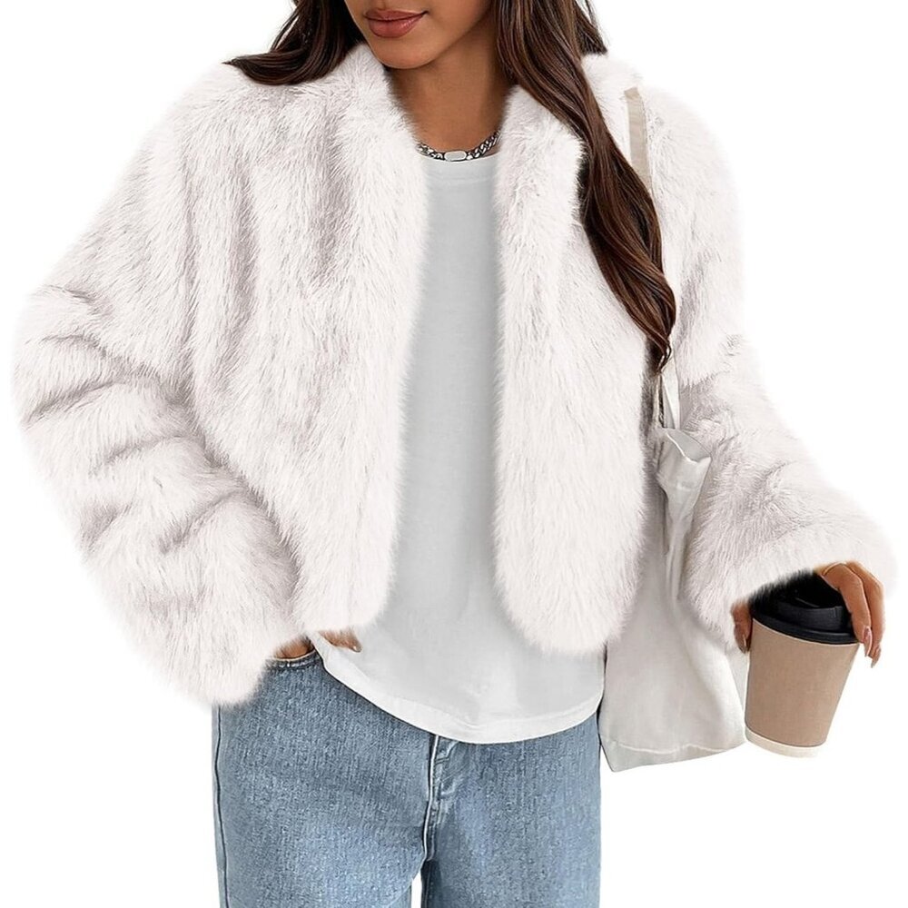 Women's White Winter Coats Fluffy Cropped Faux Fur Jacket Long Sleeve Open Front